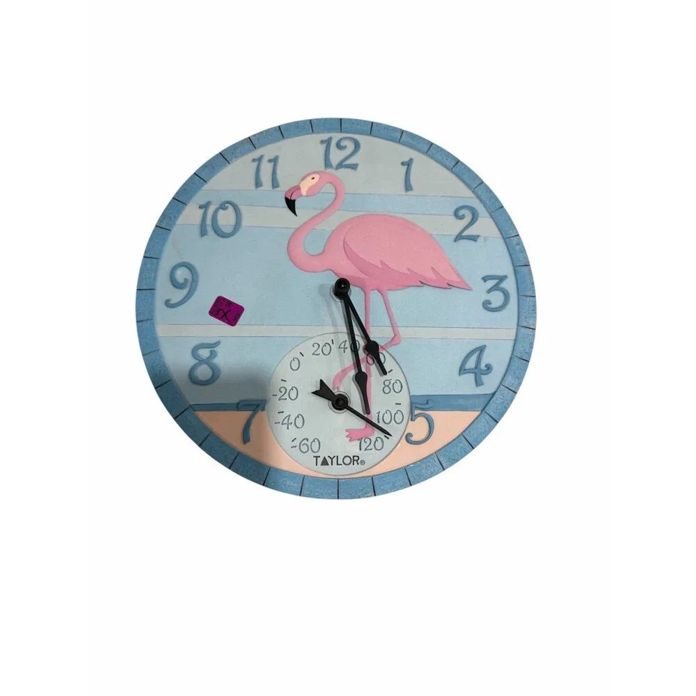 Wall Clock Taylor Reloj de Pared Flamingo + Termómetro – Tropical – 13.5”